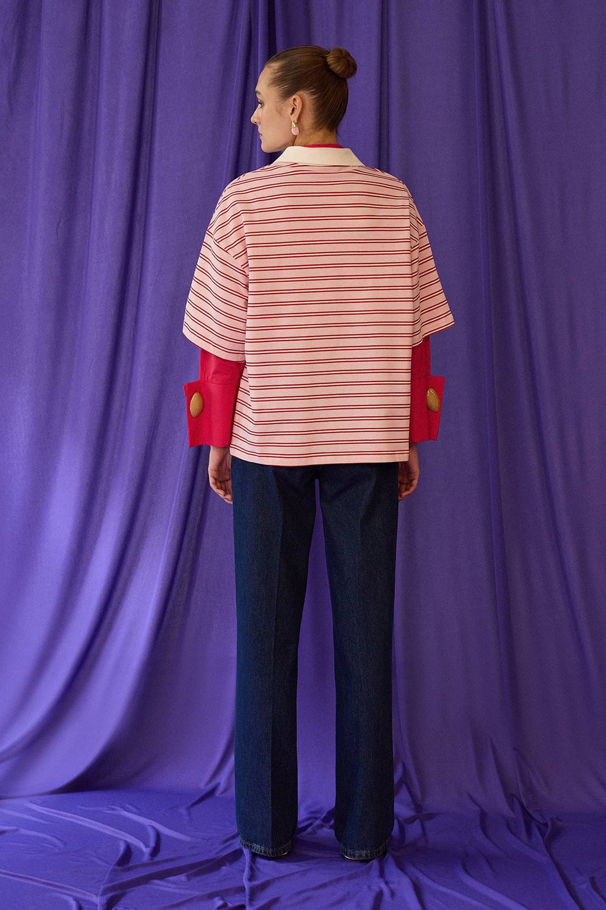 Oversized Striped Polo T-Shirt: Pink / M