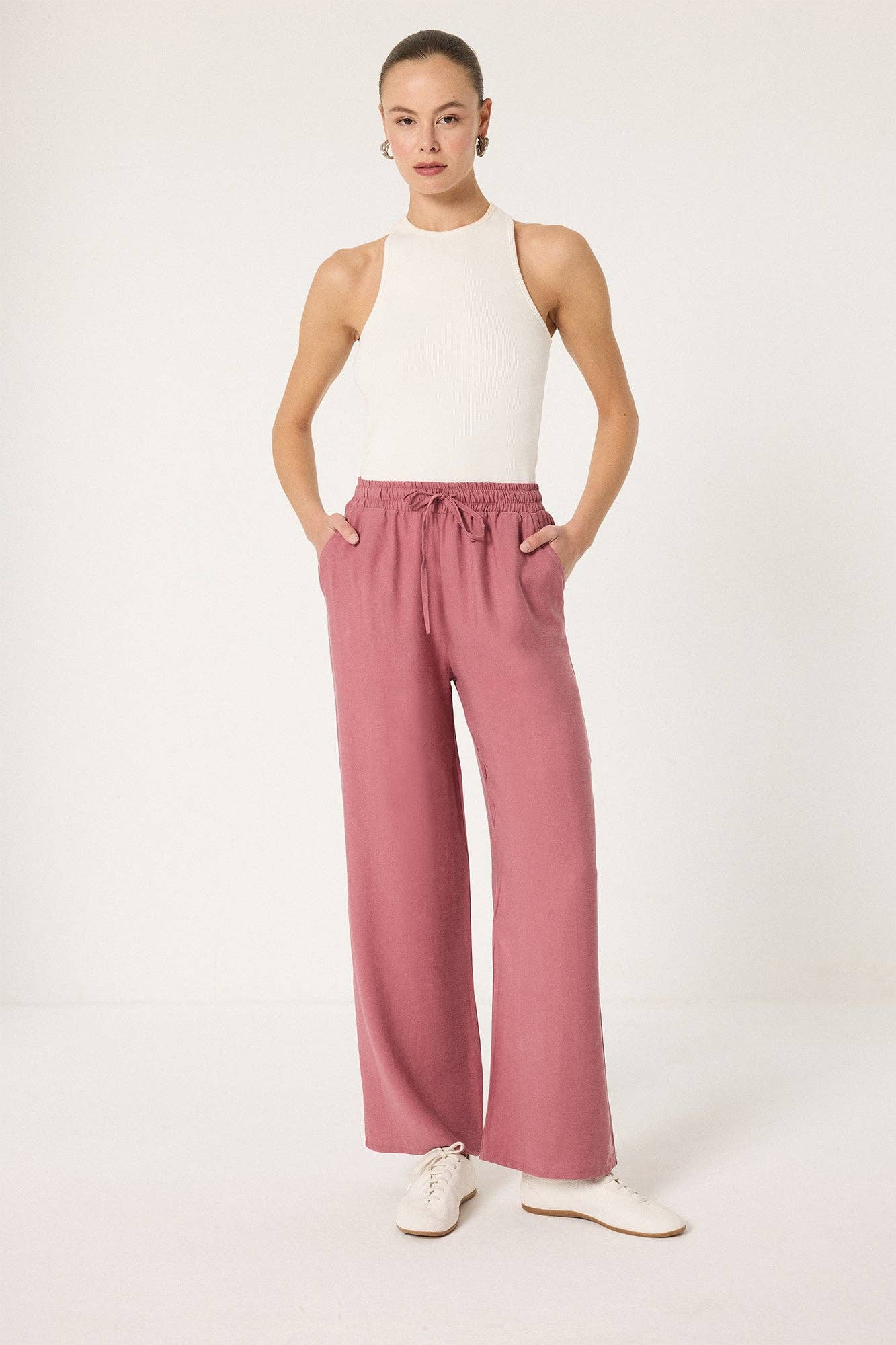 Wide-Leg Cotton Pants – Elastic Waist Relaxed Fit: Pink