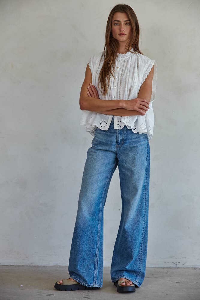 Woven Cotton Eyelet Buttondown Sleeveless Top: Off White
