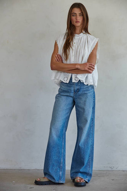 Woven Cotton Eyelet Buttondown Sleeveless Top: Off White