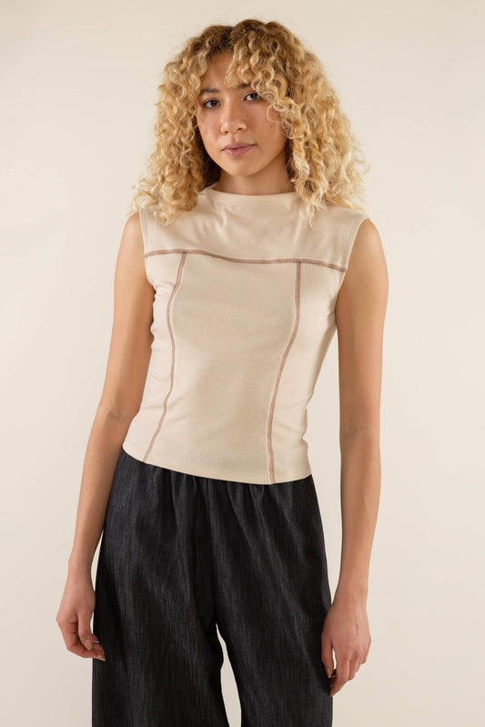 Andie Mock Neck Tank Rib Contrast Tee: Natural