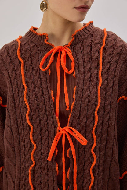 Contrast Trim Knit Cardigan with Tie Front – Statement Cable: Brown / S