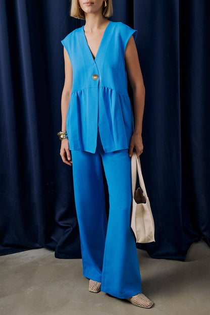 Sleeveless Linen-Blend Peplum Vest Set: Blue | Small