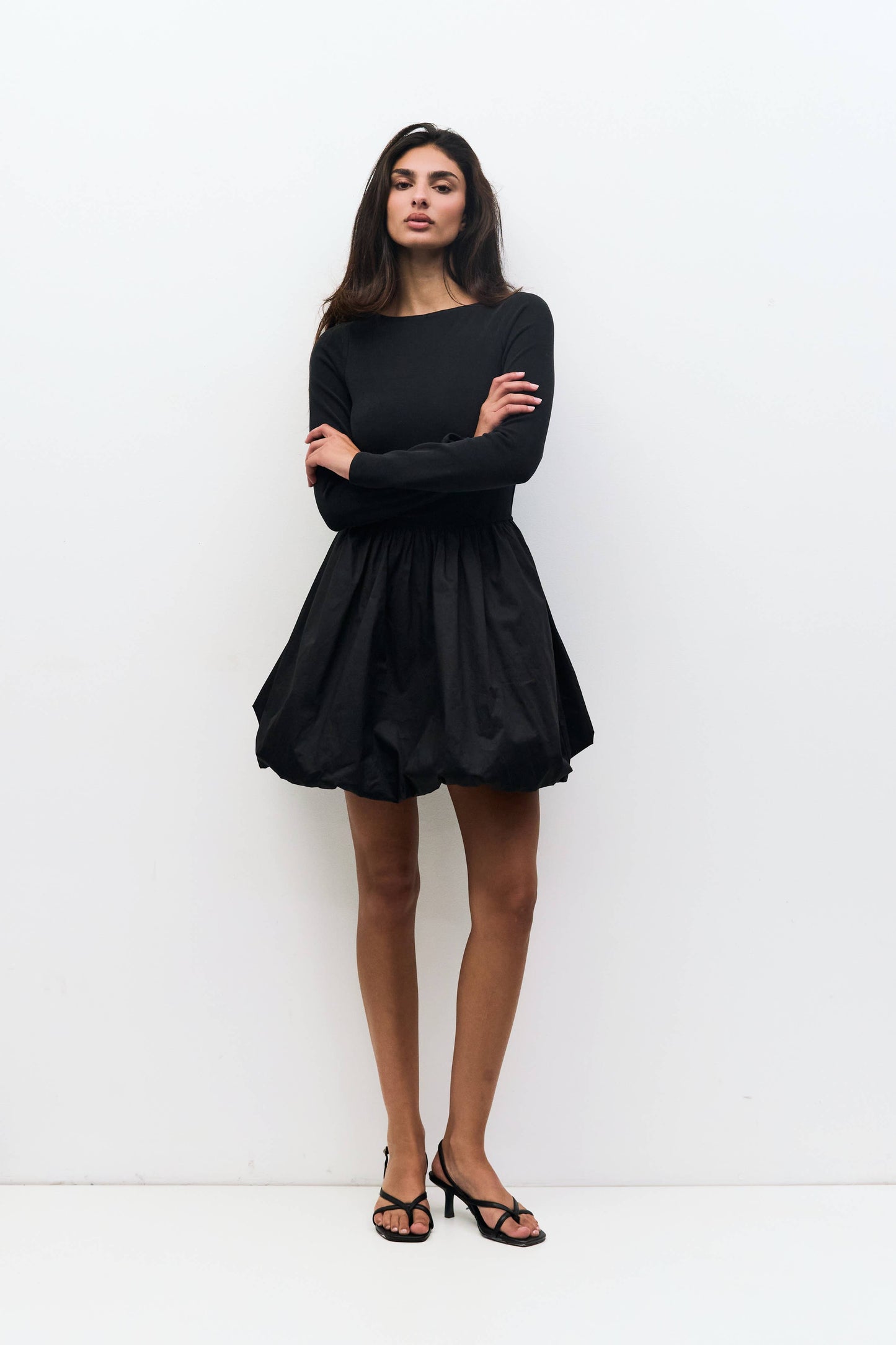 The Yasmin Dress | Long Sleeve Mini Bubble Dress: BLACK-CREAM el be goods The Yasmin Dress | Long Sleeve Mini Bubble Dress: BLACK-CREAM el be goods
