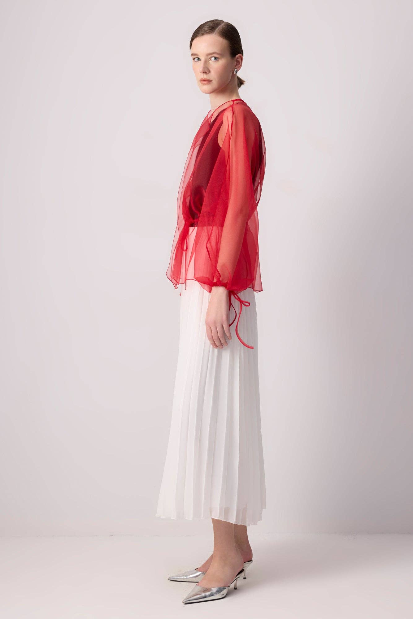 Sheer Organza Jacket with Waist Binding Detail: Red