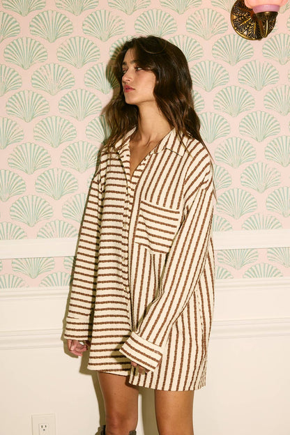 Collared Loose Fit Stripe Print Romper: Brown