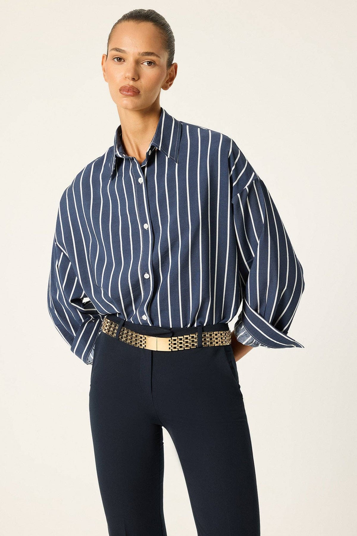 Striped Relaxed Poplin Shirt: Navy Blue / S