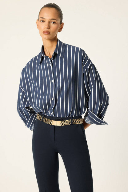 Striped Relaxed Poplin Shirt: Navy Blue / S