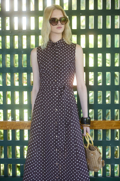Katia - Polka Dot Sleeveless Cotton Blend Maxi Dress: Brown