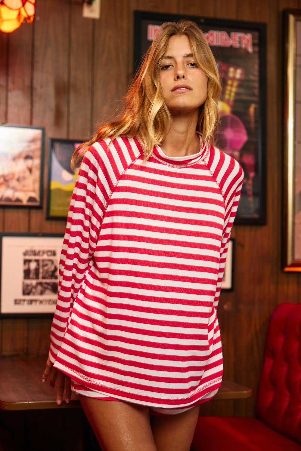 Raglan Sleeves Mock-Neck Striped Oversized Top: Red