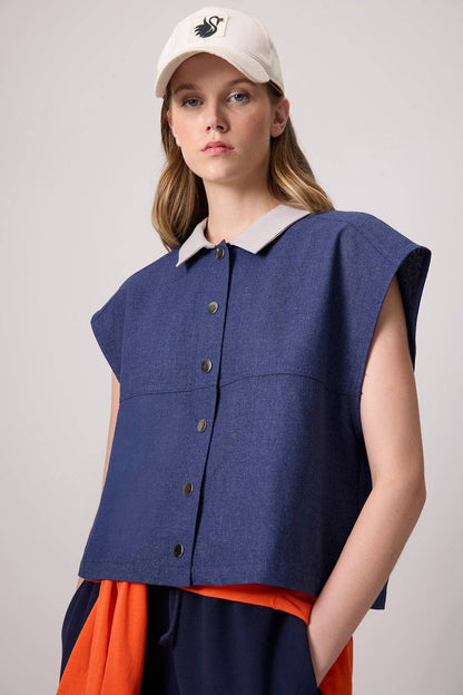 Oversized Linen Blend Vest – Relaxed Button-Front Sleeveless: Navy Blue