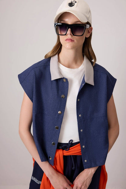 Oversized Linen Blend Vest – Relaxed Button-Front Sleeveless: Navy Blue