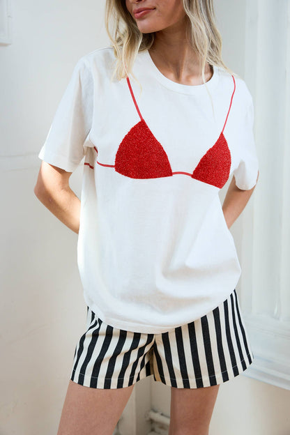 Caviar Print Bikini Graphic Tee: WHITE/RED