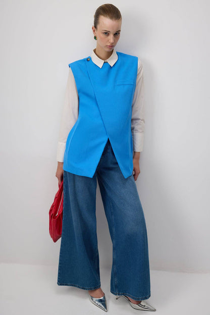 Tailored Linen Blend Vest – Structured Sleeveless Blazer Top: Blue