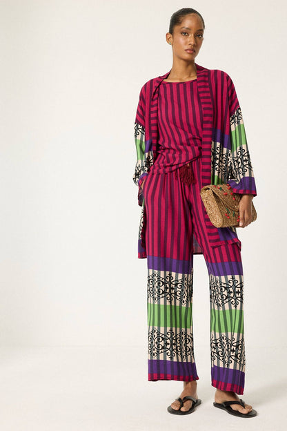 Striped 3-Piece Kimono Set – Fuchsia