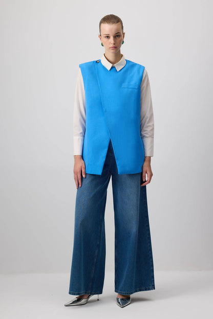 Tailored Linen Blend Vest – Structured Sleeveless Blazer Top: Blue