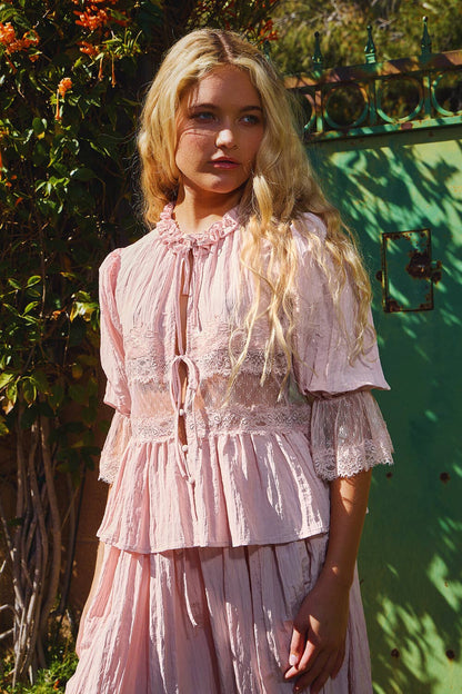 Split Front Sheer Lace Top in Mauve