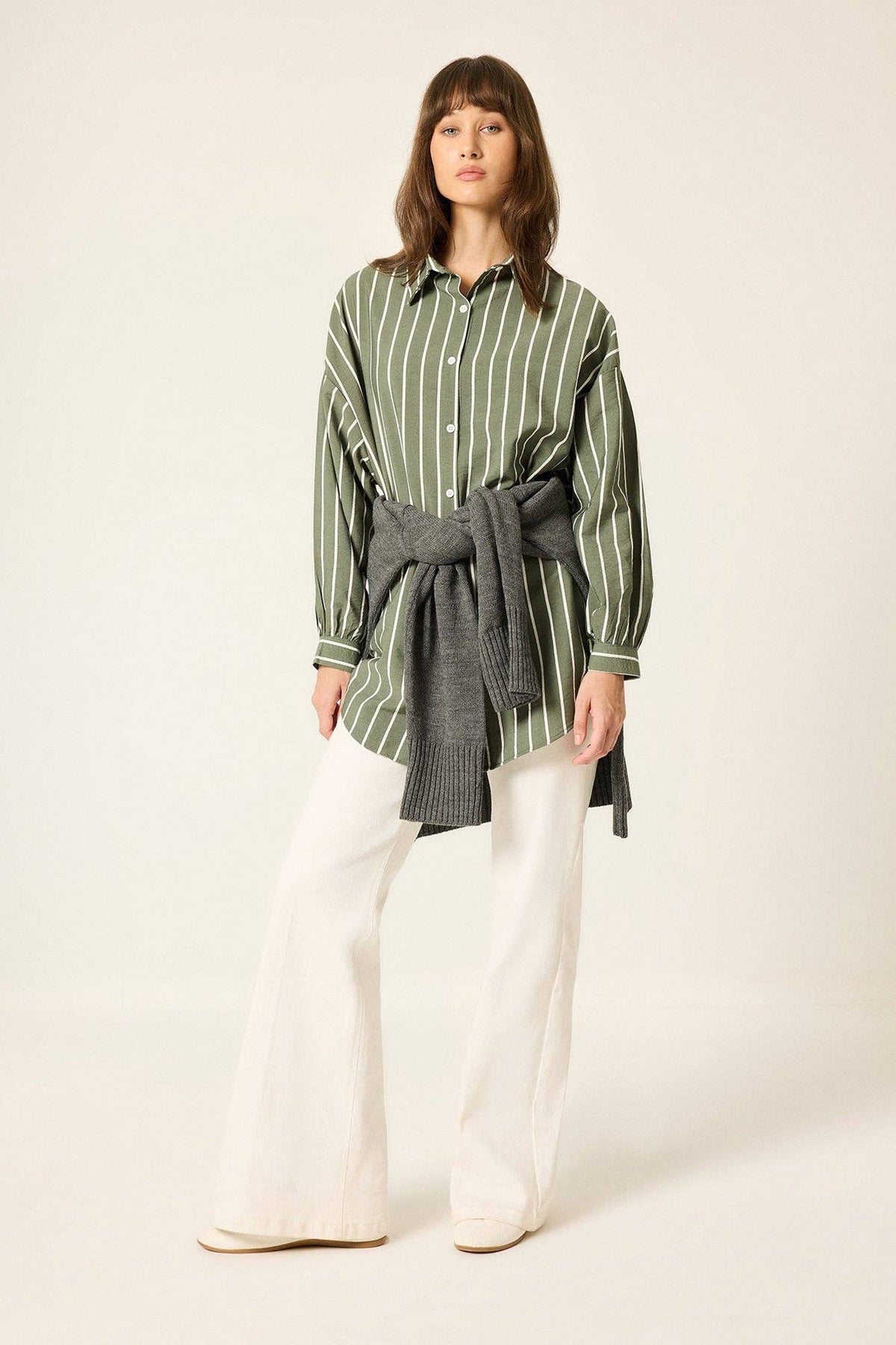 Striped Relaxed Poplin Shirt: Khaki / M