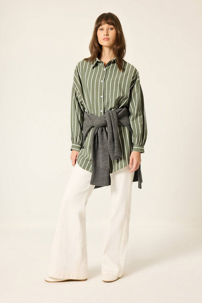 Striped Relaxed Poplin Shirt: Khaki / M