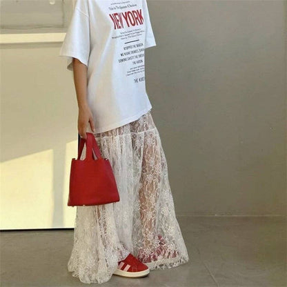 High-Waisted Lace Skirt - White Floral Lace