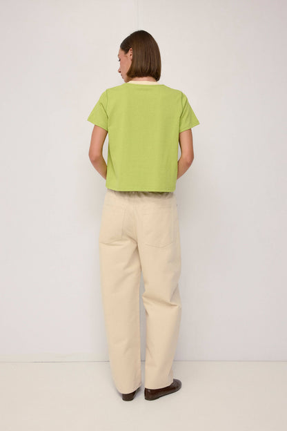 The Chloe Top | Contrast Neckband Tee: GREEN-CREAM