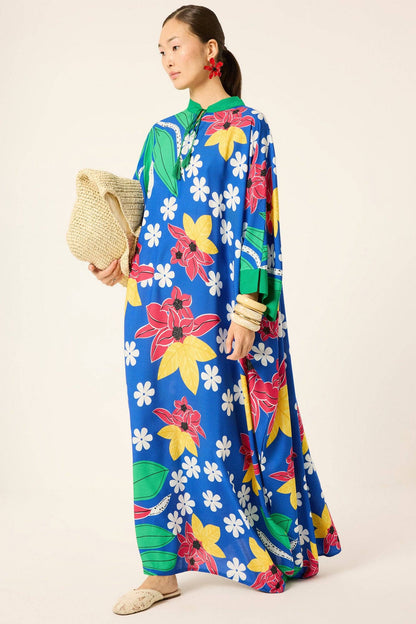 Lola - Tropical Floral Print Viscose Maxi Dress: Navy Blue / One Size