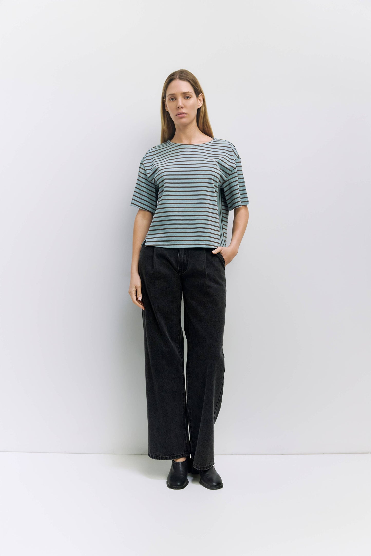 The Cassandra Top | Striped Elbow Tee: BLUE-BROWN