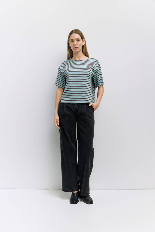 The Cassandra Top | Striped Elbow Tee: BLUE-BROWN