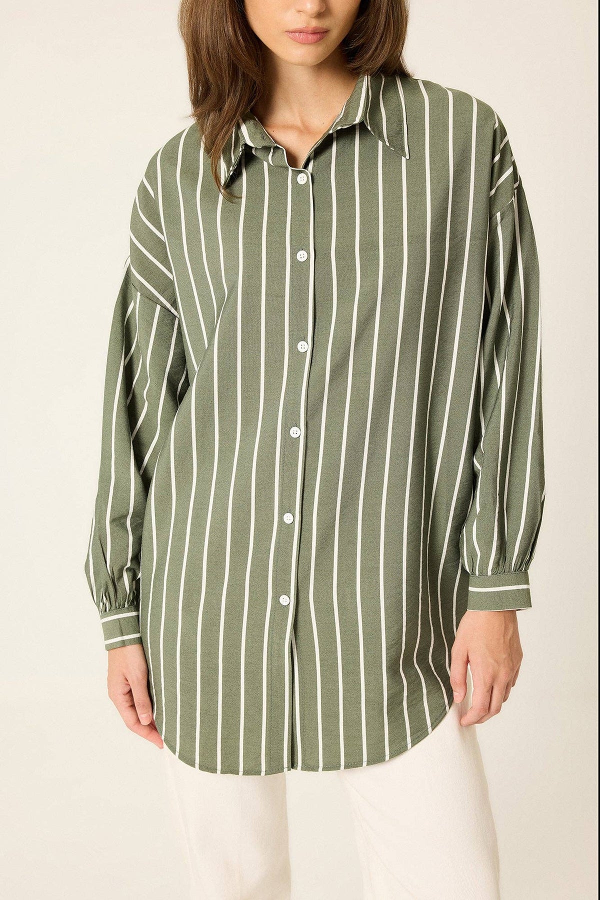 Striped Relaxed Poplin Shirt: Khaki / L