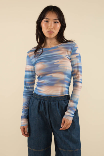 Ramona Long Sleeve Mesh Shirt: Blue/Beige/Brown