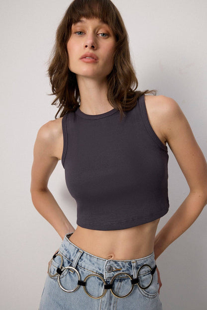 Ribbed Cotton Crop Tank – Fitted Sleeveless Essential Top: Anthracite