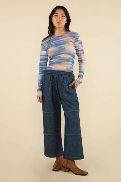 Ramona Long Sleeve Mesh Shirt: Blue/Beige/Brown