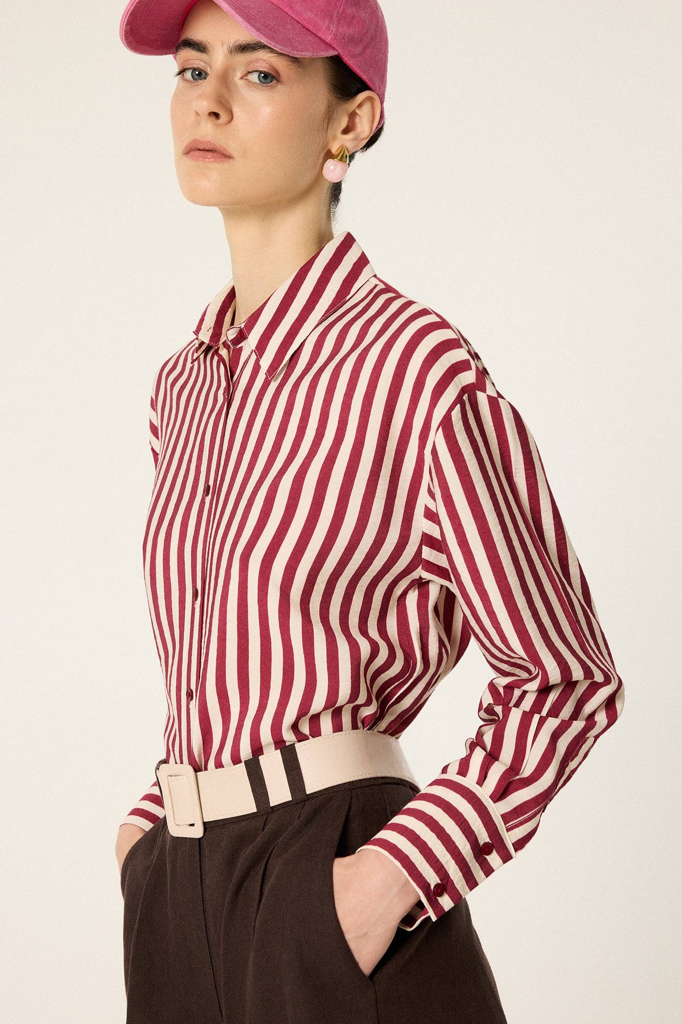 Relaxed Stripe Viscose Shirt: Burgundy