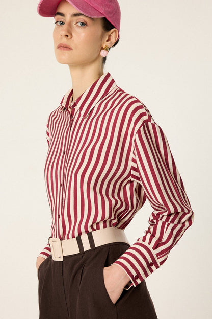 Relaxed Stripe Viscose Shirt: Burgundy