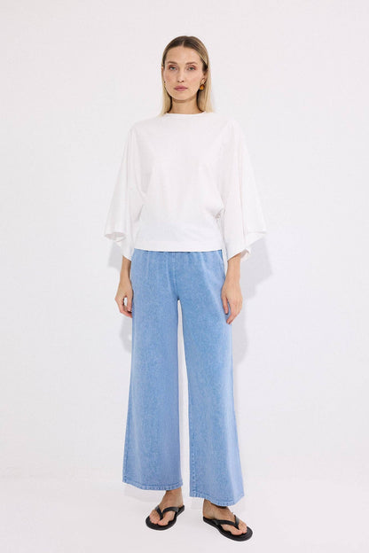 Batwing Sleeve Cotton T-Shirt – Relaxed Fit Minimal Oversize: White