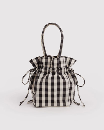 BAGGU Nylon Drawstring Bag - Black and Cream Gingham