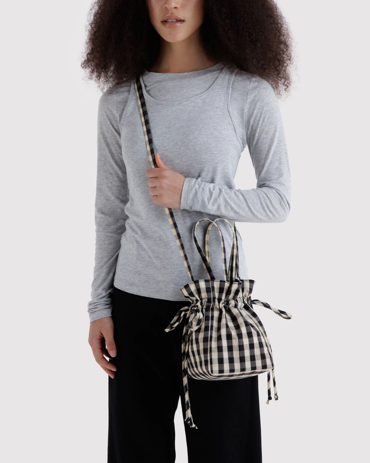 BAGGU Nylon Drawstring Bag - Black and Cream Gingham