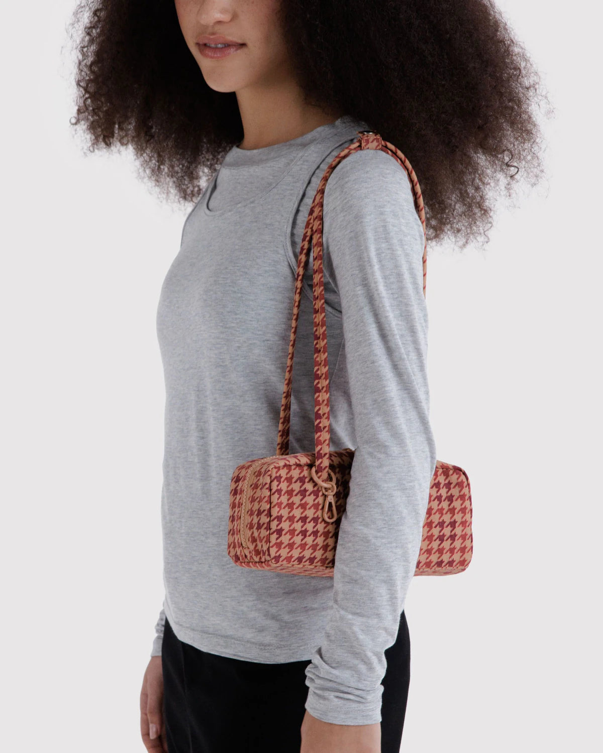 BAGGU Small Nylon Bowler Bag - Tan Houndstooth