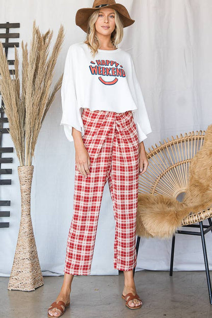 Plaid Print Twist Waist Pants