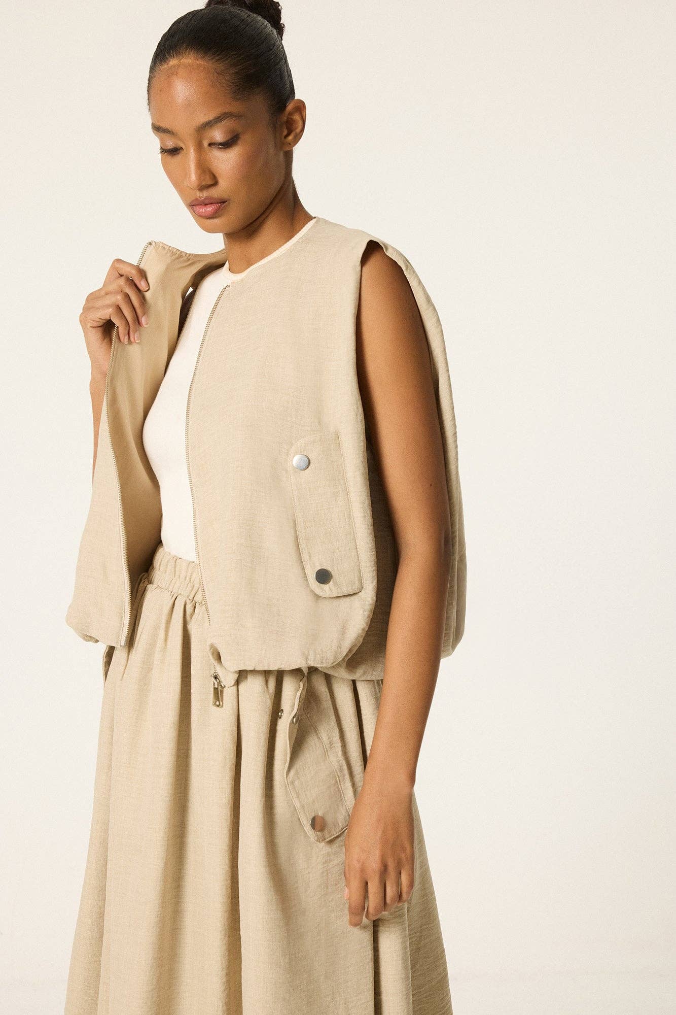 Zipper Front Vest & Maxi Skirt Set – Cotton Blend 2 Piece : Stone