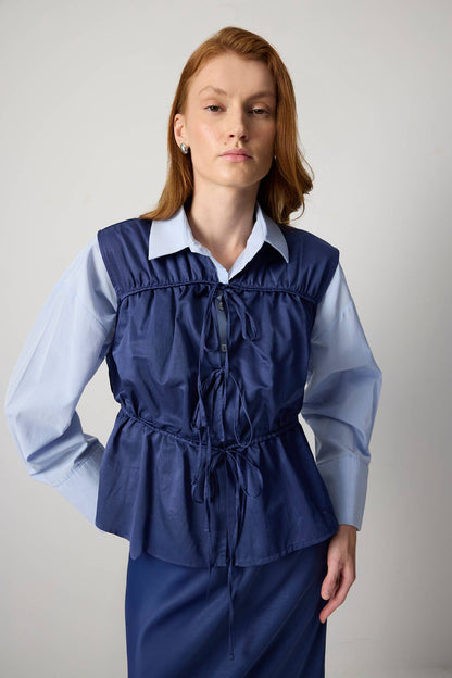 Drawstring Waist Utility Vest – Relaxed Cotton Blend Top: Navy Blue