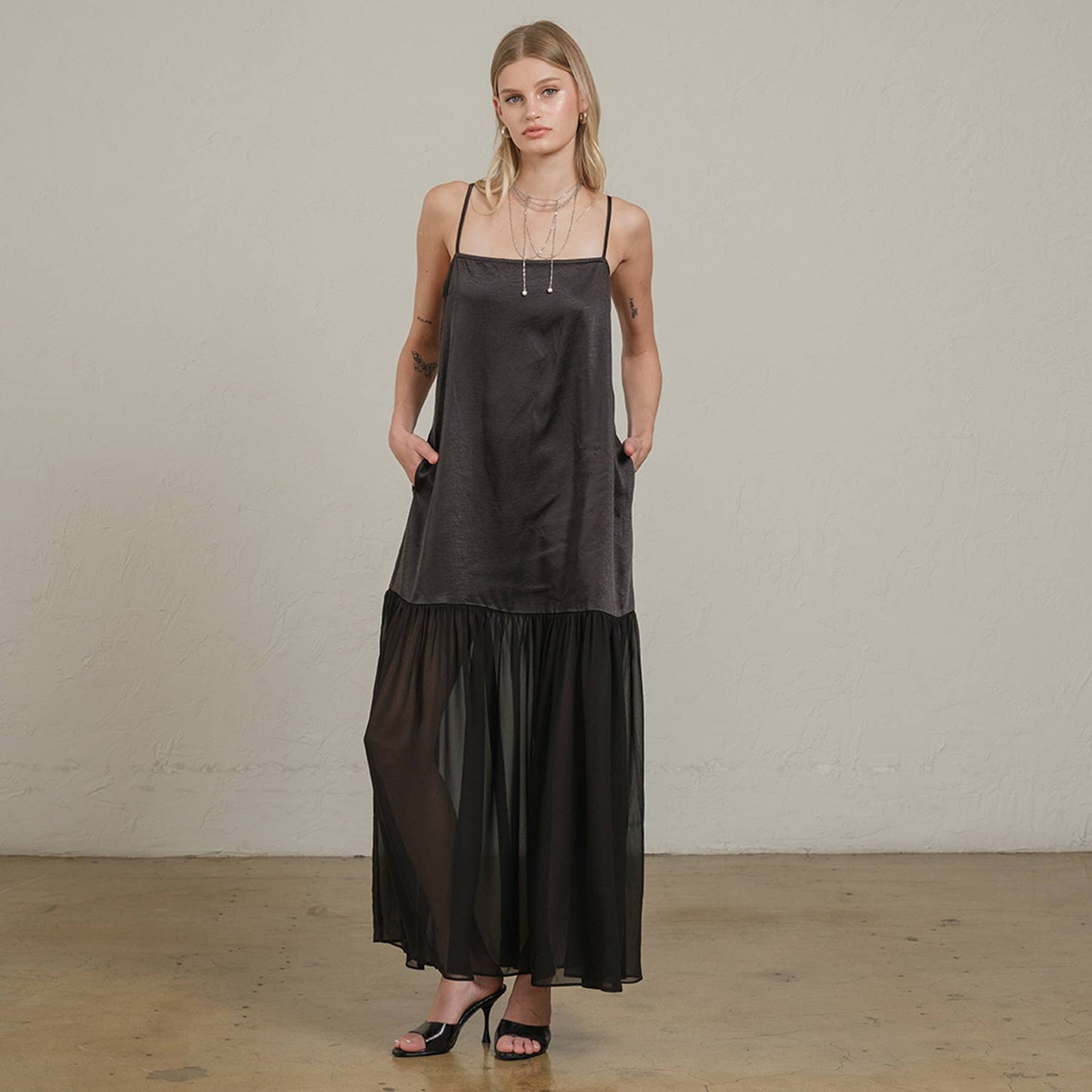 Satin Sheer Hem Maxi Slip Dress: Black
