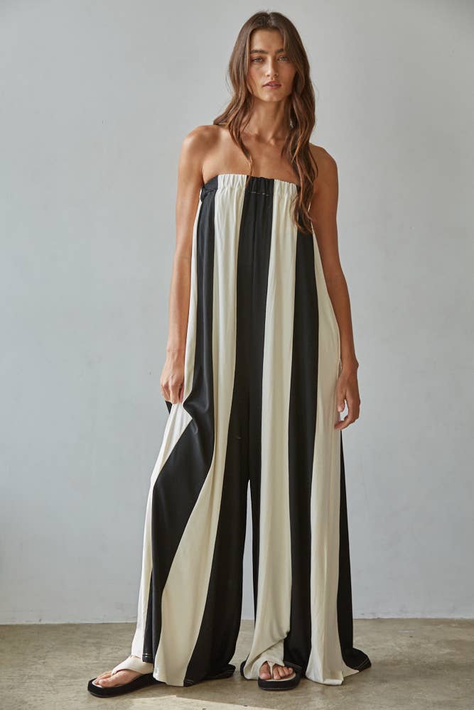 Tilly | Knit Viscose Spandex Striped Tube Wide Leg Jumpsuit: Black Cream