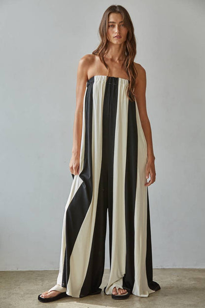 Tilly | Knit Viscose Spandex Striped Tube Wide Leg Jumpsuit: Black Cream
