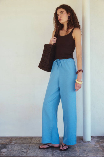 Lyla - Cotton Texture Straight Leg Pants: Indigo