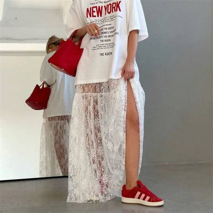 High-Waisted Lace Skirt - White Floral Lace