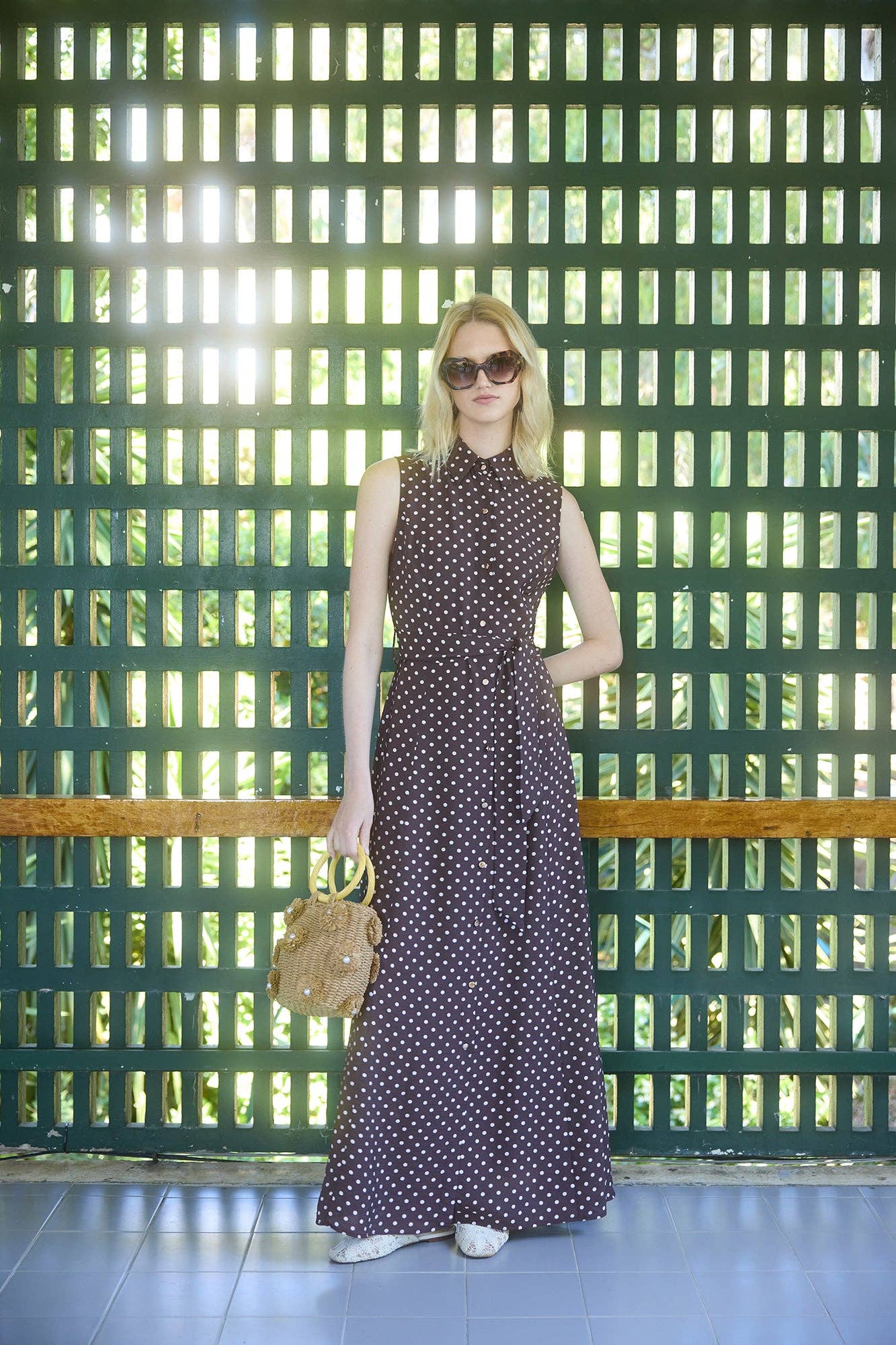 Katia - Polka Dot Sleeveless Cotton Blend Maxi Dress: Brown