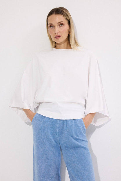 Batwing Sleeve Cotton T-Shirt – Relaxed Fit Minimal Oversize: White