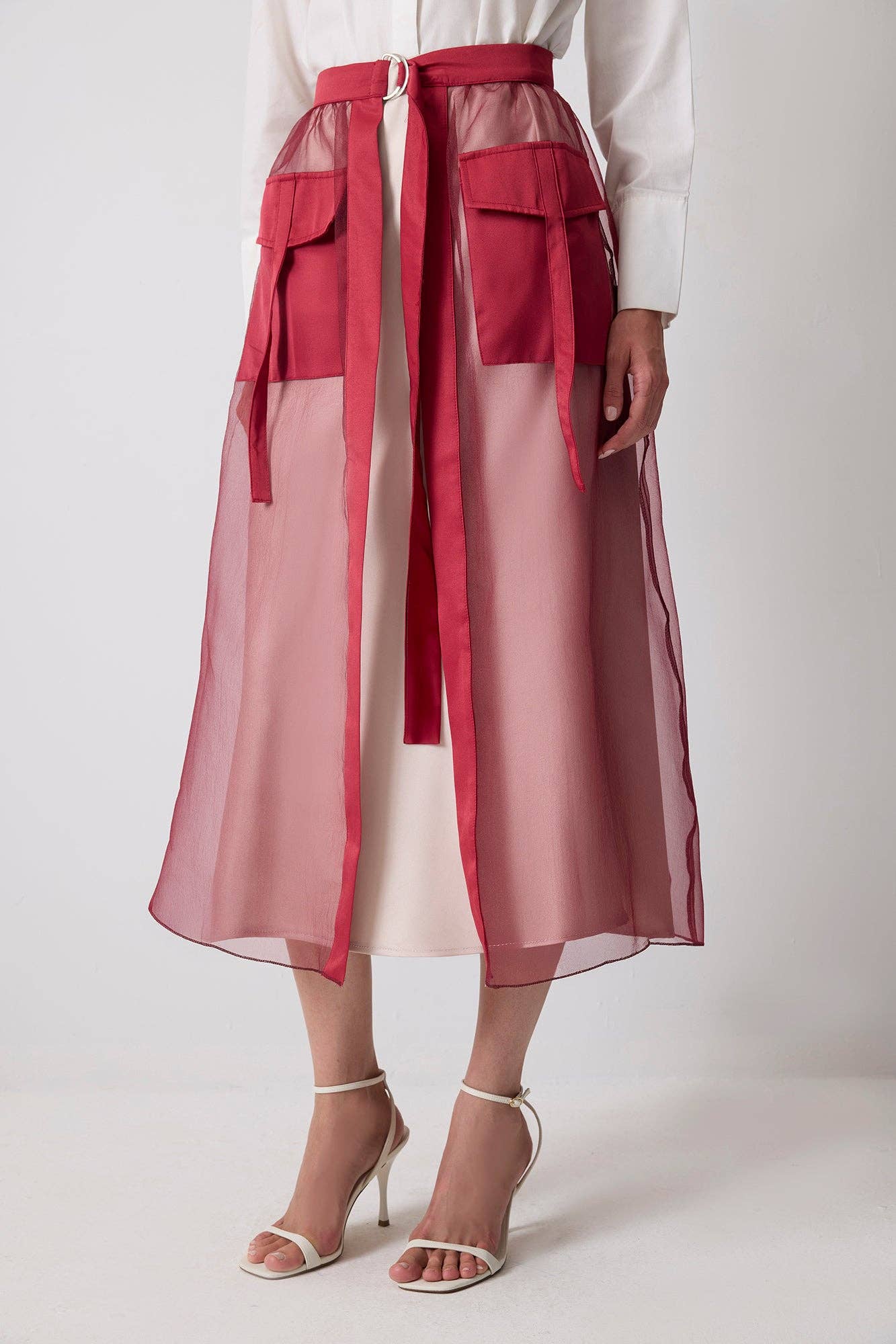 Sheer Organza Layered Statement Skirt with Utility Pockets: Burgundy
