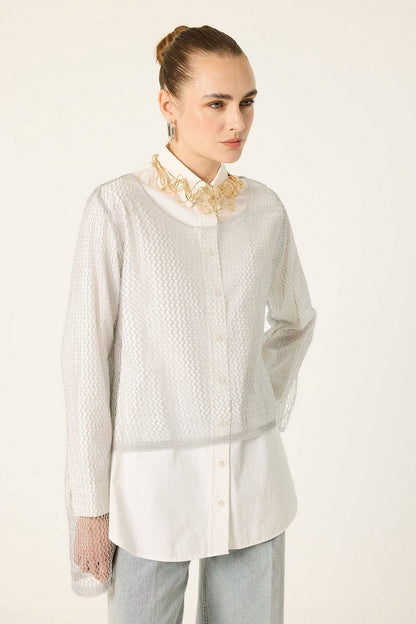 Openwork Knit Lace Blouse - Silver